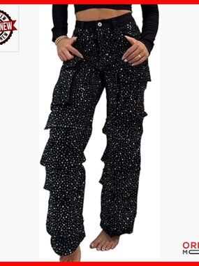 Rhinestone Cargo Jeans High Waist Straight Wide Leg Sparkle Denim Pants